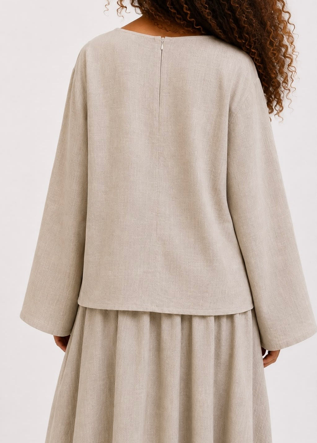 Beige Linen Two-Piece Set – Top & Skirt