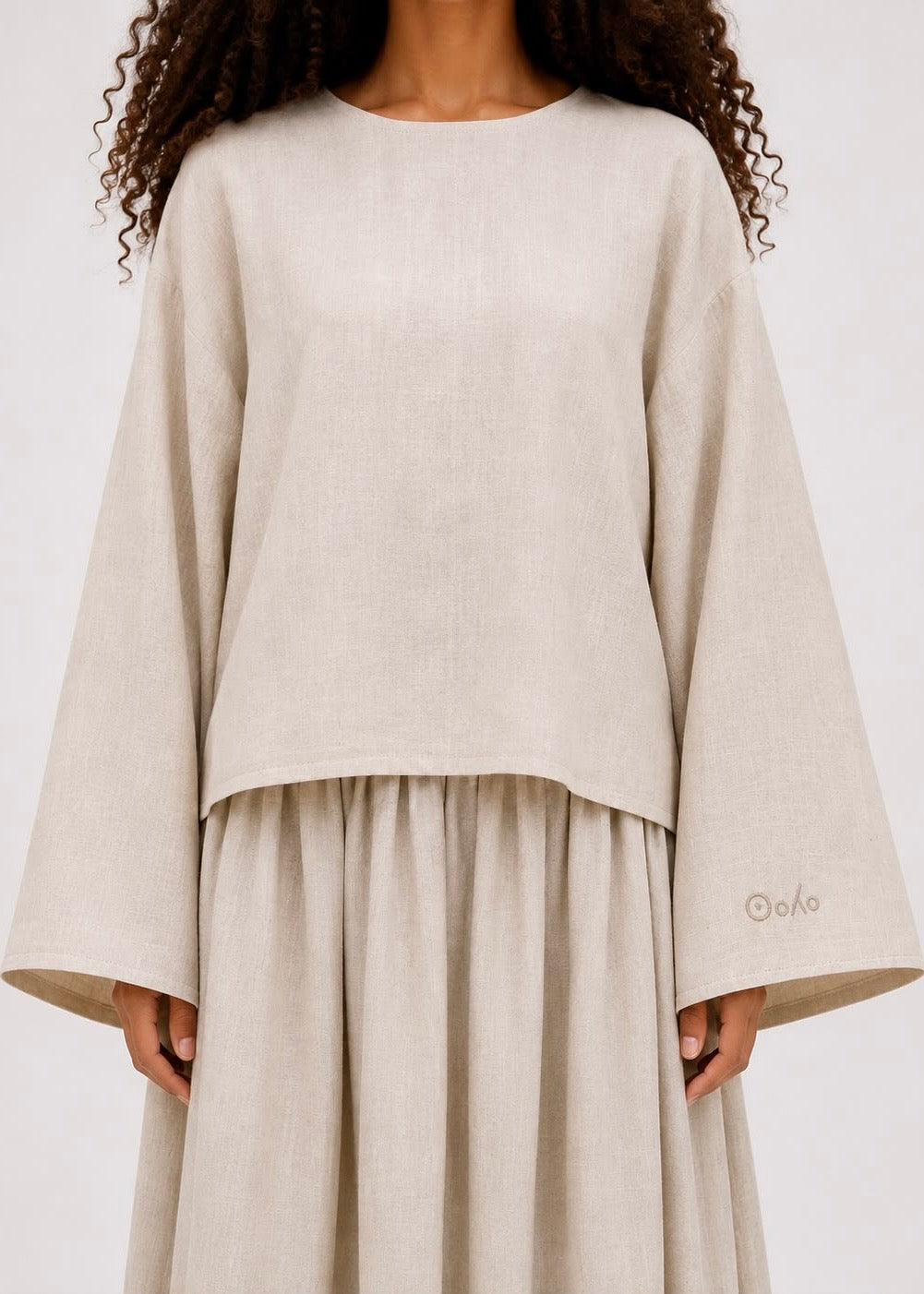 Beige Linen Two-Piece Set – Top & Skirt